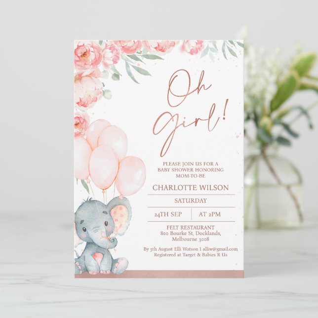Modern Pink Floral Oh Girl Elephant Baby Shower Invitation (Standing Front)