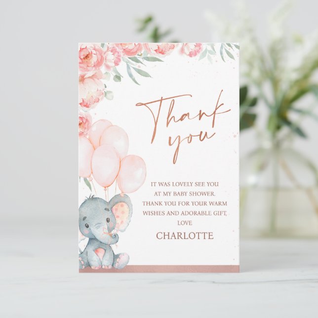 Modern Pink Floral Oh Girl Elephant Baby Shower Thank You Card (Standing Front)