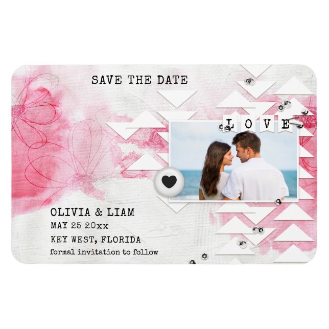 Modern Pink Floral Paint Photo Save The Dates Magnet (Horizontal)