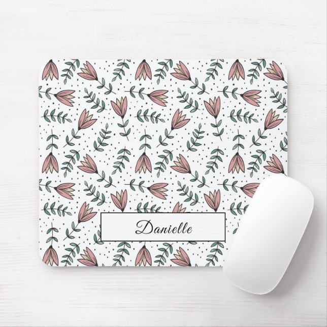 Modern Pink Floral Pattern Name Mouse Mat (With Mouse)