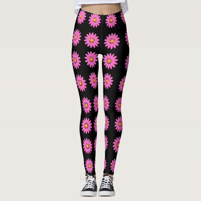 Modern Pink Floral Pattern on Black Background  Leggings (Front)