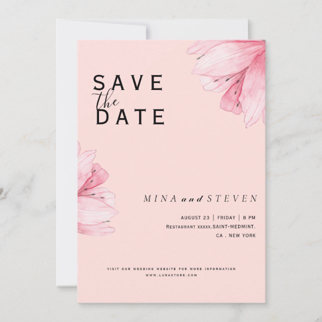 Modern Pink Floral Romance wedding  Save The Date (Front)