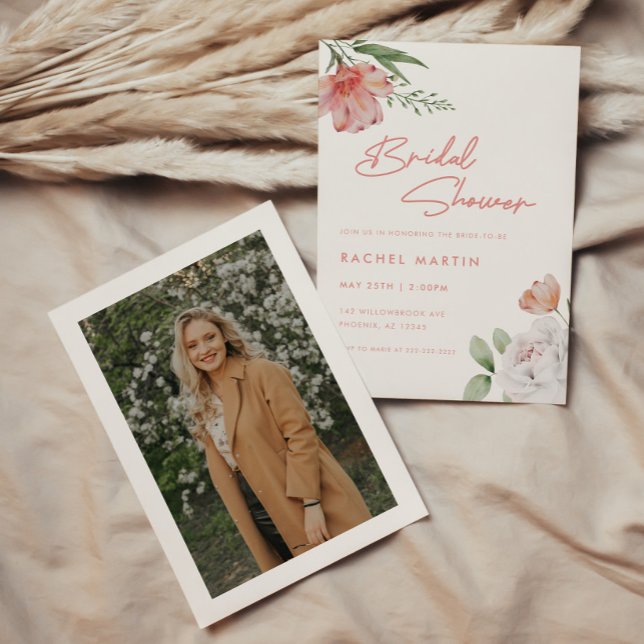 Modern Pink Floral Script Photo Bridal Shower Invitation (Creator Uploaded)