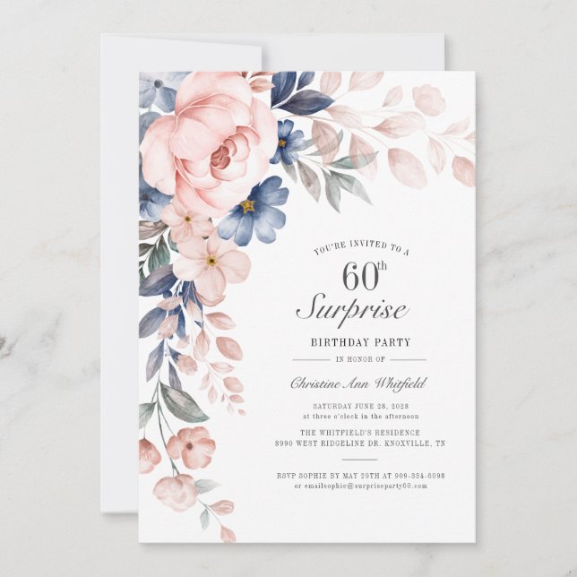Modern Pink Floral Script Surprise 60th Birthday Invitation (Front)