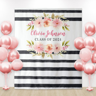 Modern Pink Floral Stripes Graduation Backdrop Tapestry
