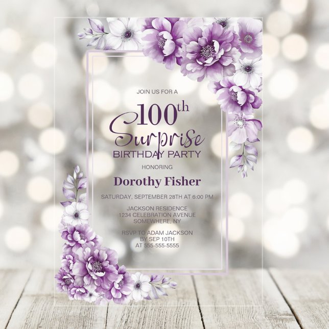 Modern Pink Floral Surprise 100th Birthday Party Acrylic Invitations (Creator Uploaded)