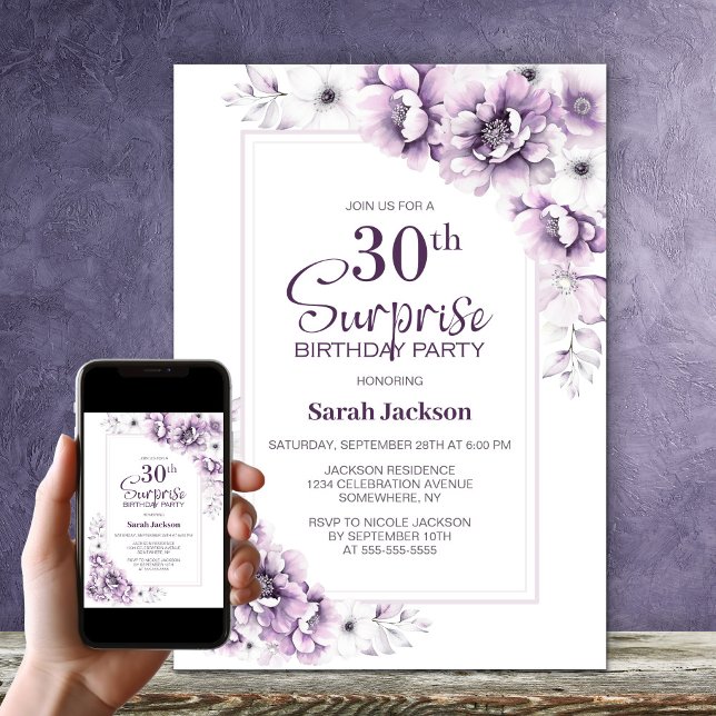 Modern Pink Floral Surprise 30th Birthday Party Invitation (Creator Uploaded)