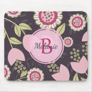Modern Pink Floral Tulip Pattern Monogram Mouse Mat