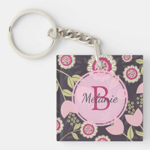 Modern Pink Floral Tulip Pattern Personalised Key Ring