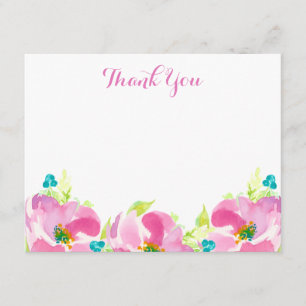Modern Pink Floral Turquoise Custom Flat Note Card