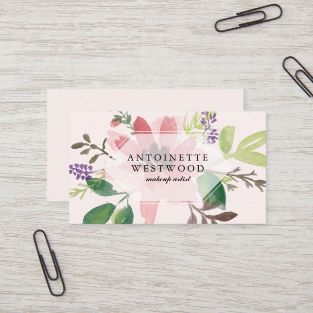 Modern Pink Floral Watercolor Business Card (Front/Back In Situ)