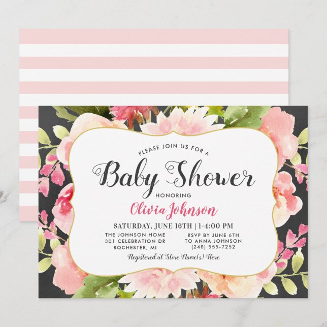Modern Pink Floral Watercolor Girl Baby Shower Invitation (Front/Back)