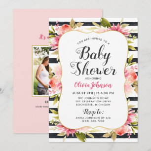 Modern Pink Floral Watercolor Girl Baby Shower Invitation