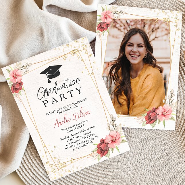 Modern Pink Floral Watercolor Photo Graduation Invitation (Creator Uploaded)