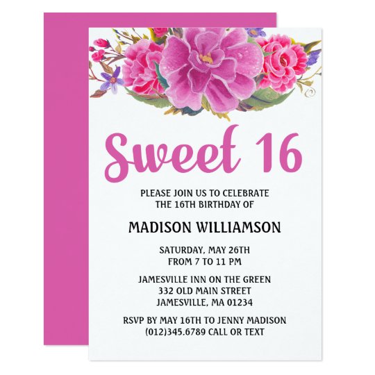 Modern Pink Floral Watercolor Sweet 16 Birthday Card
