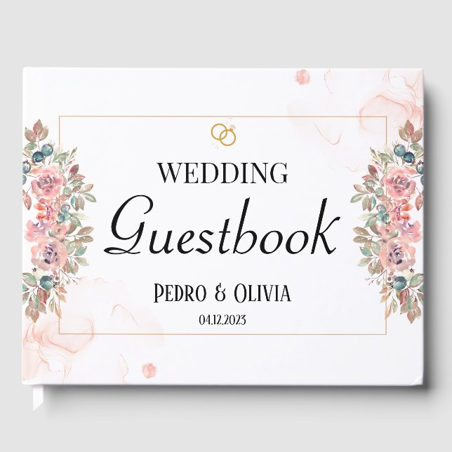 Modern pink floral wedding   guest book (Front)