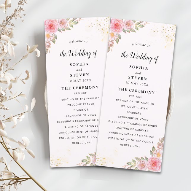 Modern Pink Floral Wedding Party with Golden Touch Programme (Creator Uploaded)