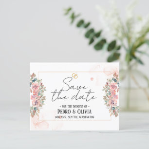 Modern pink floral wedding save the date postcard