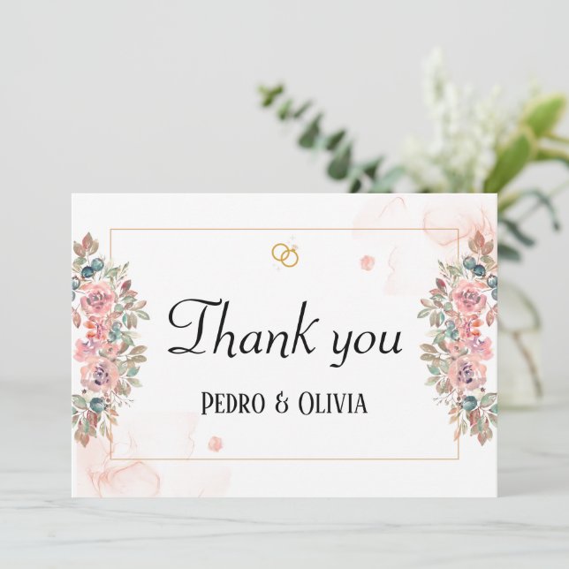 Modern pink floral wedding  thank you card (Standing Front)