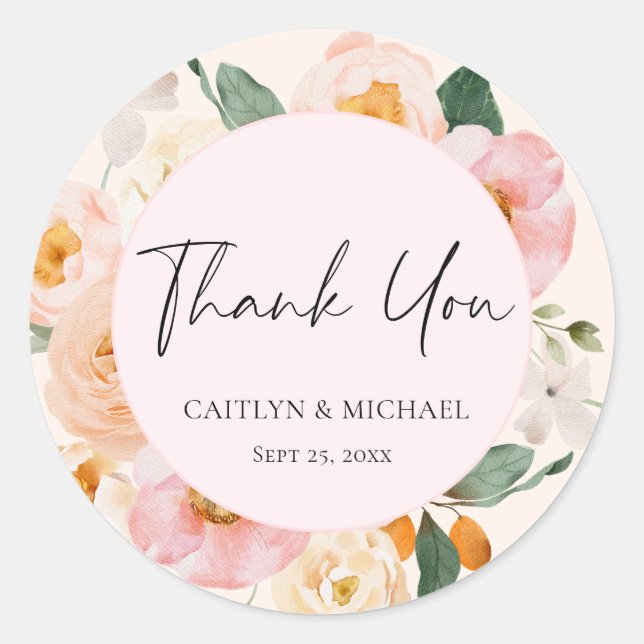 Modern Pink Floral Wedding Thank You Classic Round Sticker (Front)