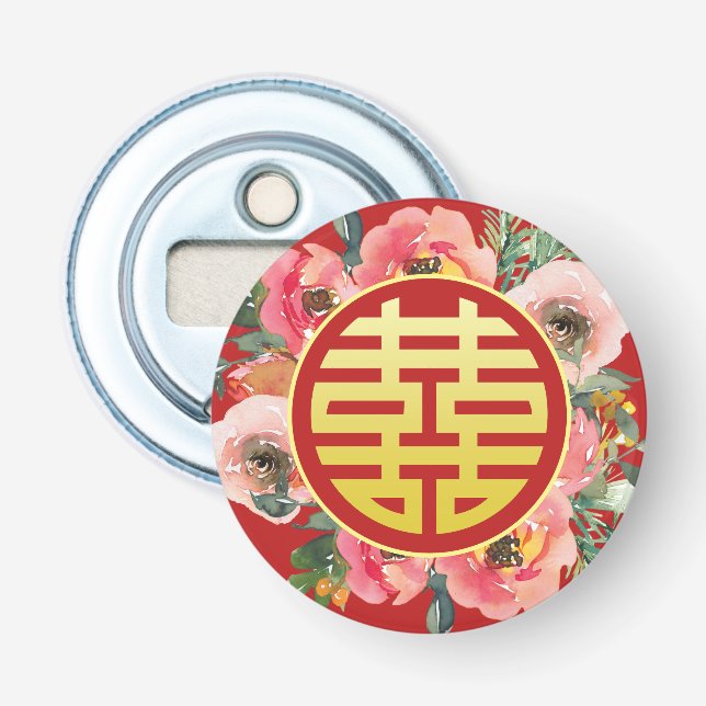 Modern pink floral wreath chinese wedding bottle opener (Front)