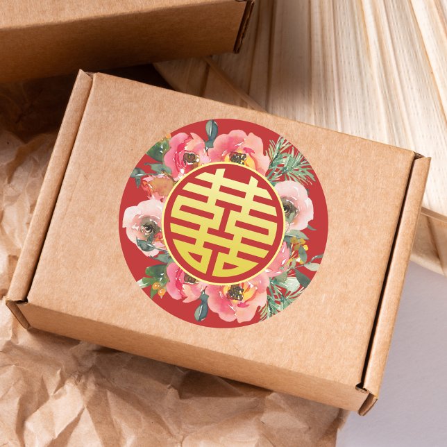 Modern pink floral wreath chinese wedding classic round sticker (Creator Uploaded)
