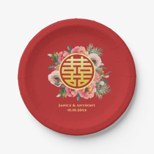 Modern pink floral wreath chinese wedding paper plate