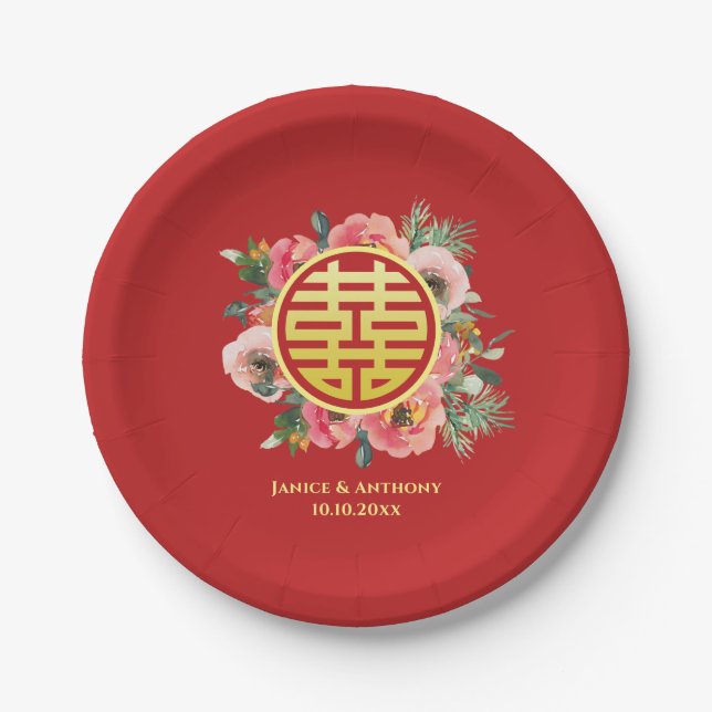 Modern pink floral wreath chinese wedding paper plate (Front)