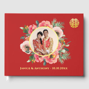 Modern pink floral wreath chinese wedding photo guest book