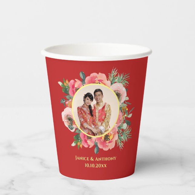 Modern pink floral wreath chinese wedding photo paper cups (Front)