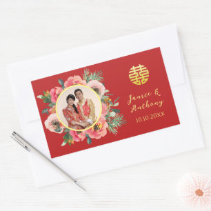 Modern pink floral wreath chinese wedding photo rectangular sticker