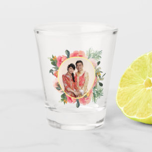 Modern pink floral wreath chinese wedding photo shot glass