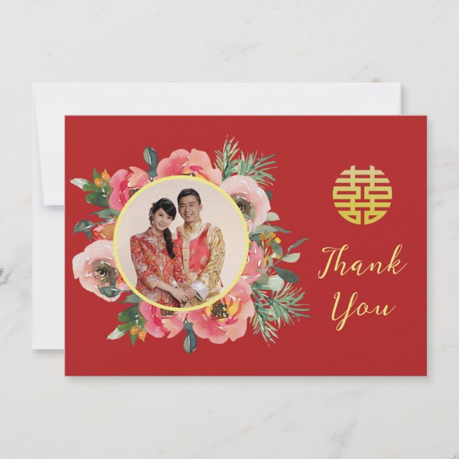 Modern pink floral wreath chinese wedding photo thank you card (Front)