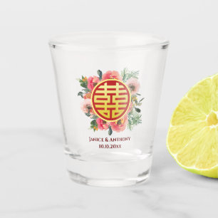Modern pink floral wreath chinese wedding shot glass