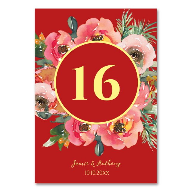 Modern pink floral wreath chinese wedding table number (Front)