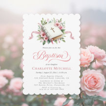 Modern Pink Flower Baptism Invitation