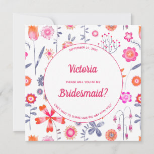Modern Pink Flower Garden Be My Bridesmaid Invitation