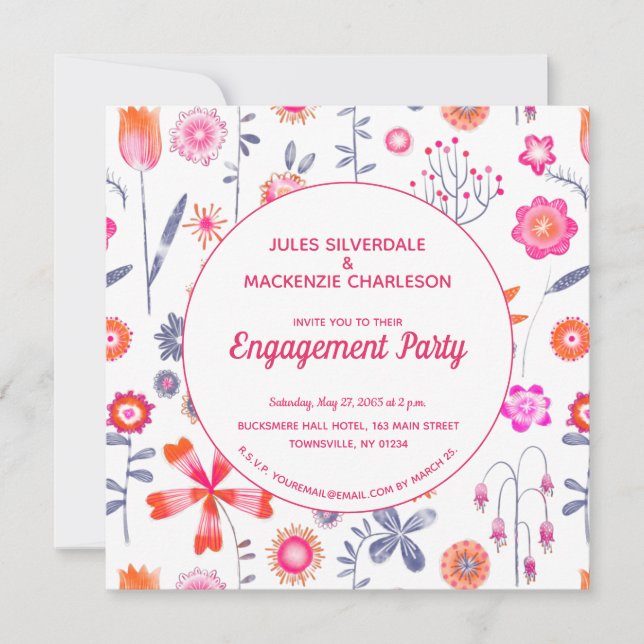Modern Pink Flower Garden Boho Engagement Invitation (Front)