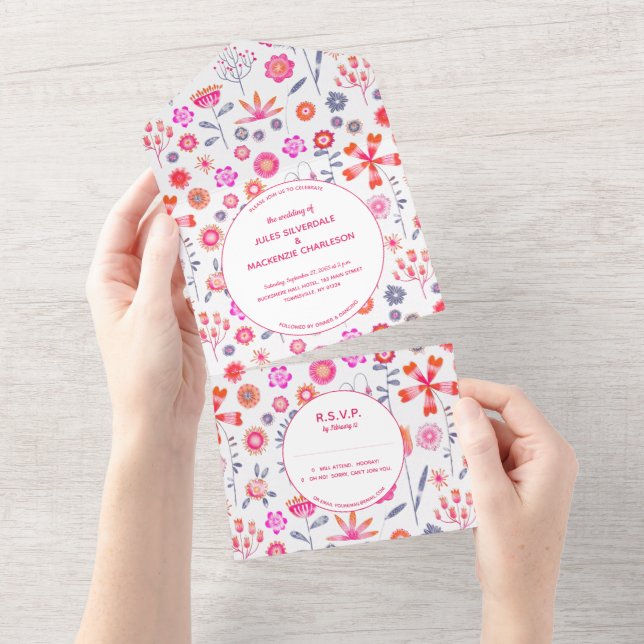 Modern Pink Flower Garden Boho Wedding All In One Invitation (Tearaway)
