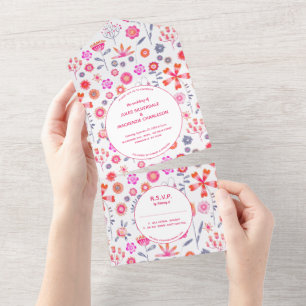 Modern Pink Flower Garden Boho Wedding All In One Invitation