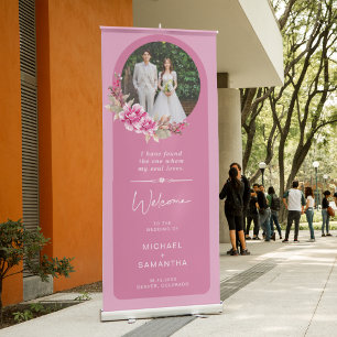 Modern Pink Flower Wreath Bouquet Wedding Welcome Retractable Banner