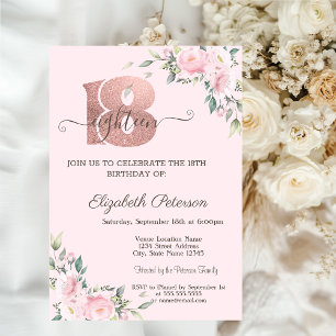 Modern Pink Flowers 18th Birthday Invitation