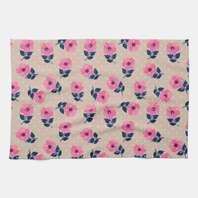 Modern Pink Flowers Beige Polka Dots Tea Towel (Horizontal)