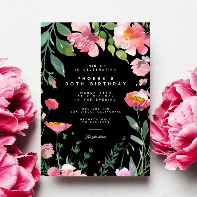 Modern Pink Flowers Black Garden Birthday Party Invitation (Creator Uploaded)