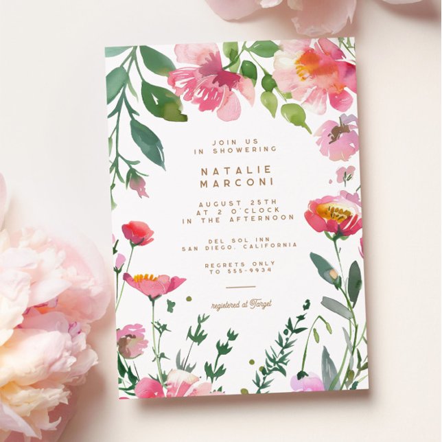 Modern Pink Flowers Gold Garden Bridal Shower Invitation (Creator Uploaded)