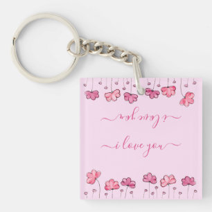 Modern Pink Flowers, I love you Key Ring