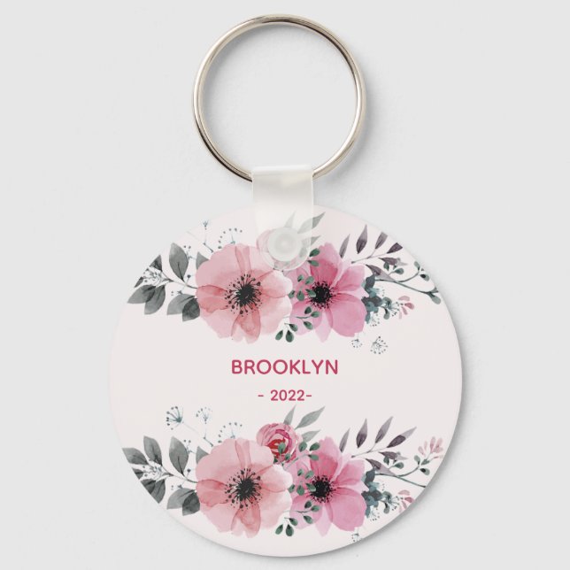 Modern Pink Flowers Key Ring (Front)