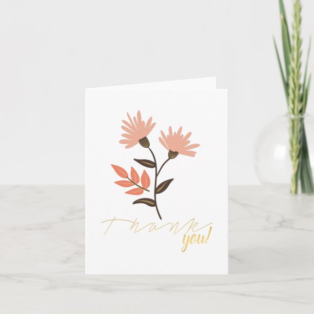 Modern Pink Flowers Leaves Thank You Card (Front)