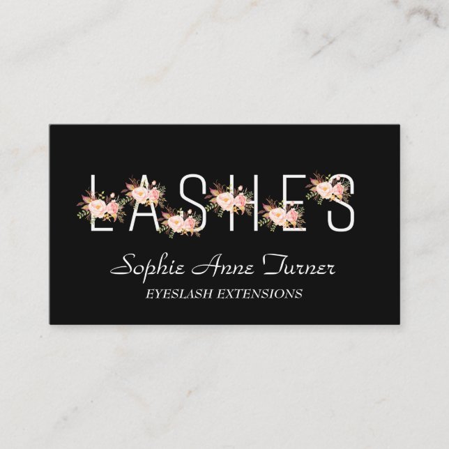 Modern Pink Flowers Letter EyeLash Extensions Business Card (Front)
