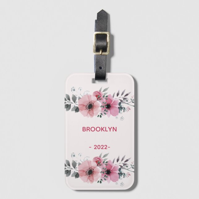 Modern Pink Flowers Luggage Tag (Front Vertical)